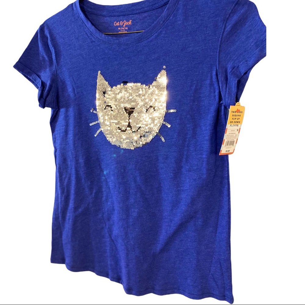 Set of 10 NWT Cat & Jack XL 14/16 Girls Blue T-shirt 2 Sided Sequins Cat Face - Picture 4 of 8